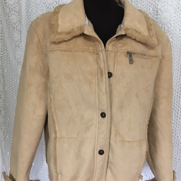 Faux Suede Sherpa Truckers Jacket Washable Sz L - Picture 1 of 8
